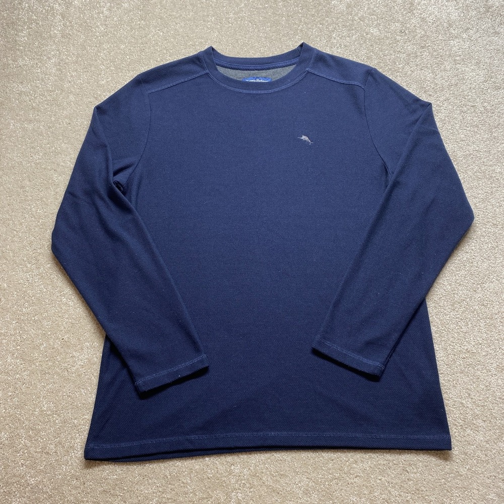 Tommy Bahama Shirt Mens Medium Navy Blue Waffle Knit Long Sleeve Marlin Logo